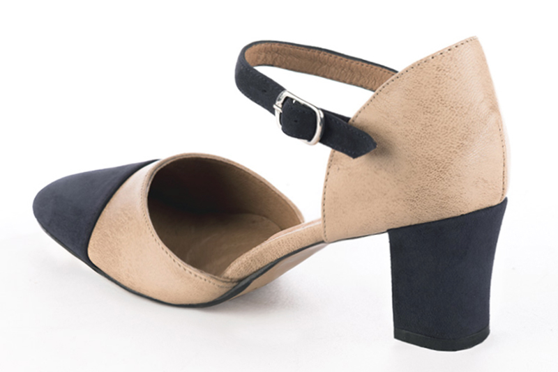 Navy blue and powder pink women's open side shoes, with an instep strap. Round toe. Medium block heels. Rear view - Florence KOOIJMAN